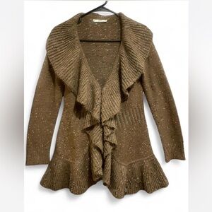 Silomi Ruffle Front Knit Cardigan Brown Flecked Boho Sweater S/M
